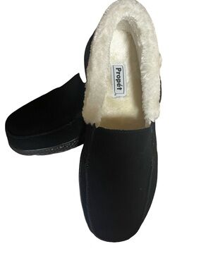 Propet Black Slip-On Slippers with Cream Faux Fur Trim